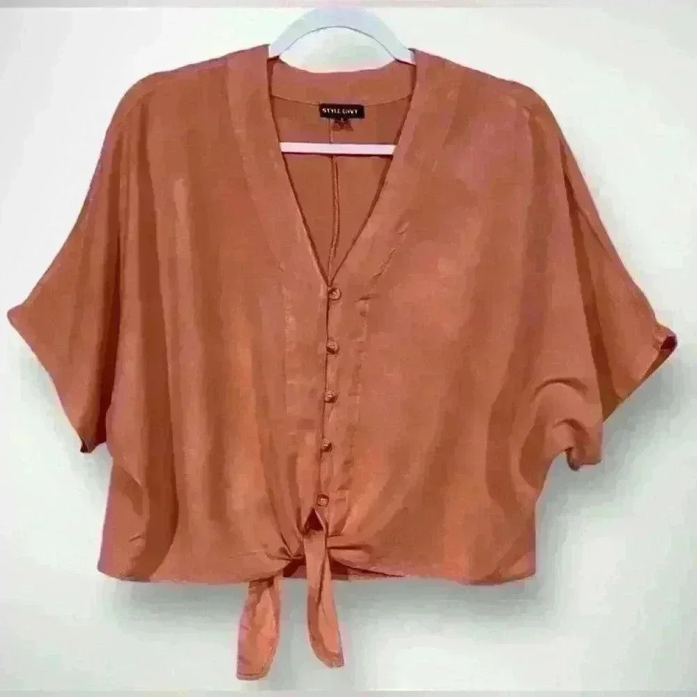Womens Button Down Tie Front Blouse By Style Envy Size Small Oversized in Coral